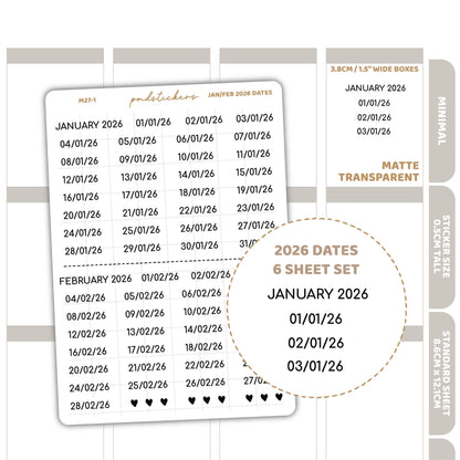 2026 Dates Minimal Font Stickers | Minimal Planner Stickers | M27(6)