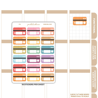 Card Bill Due Stickers | Functional Planner Stickers | F14