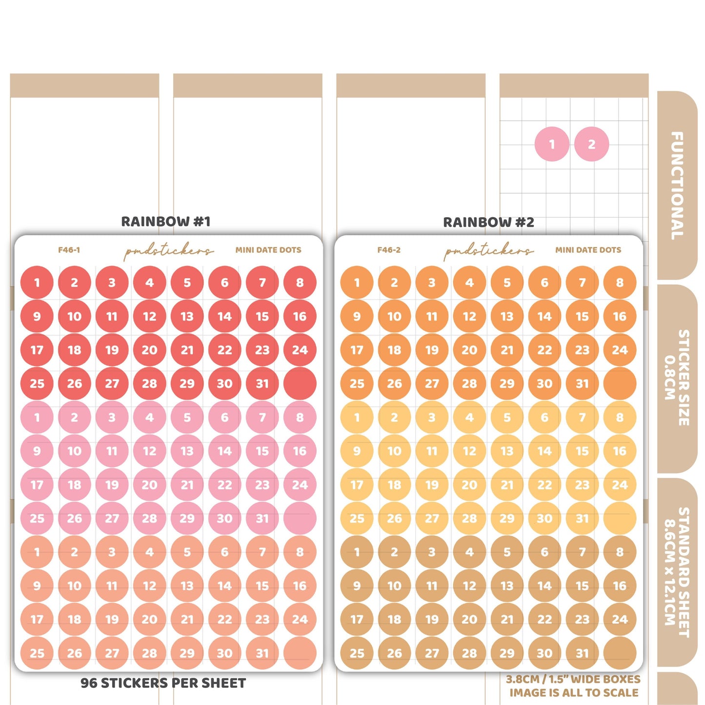 Coloured Sets Mini Date (1-31) Dot Stickers | Functional Planner Stickers | F46