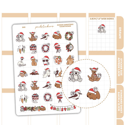 Christmas Aussie Countdown Stickers | Drawn Planner Stickers | D65