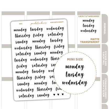 Days Mini Script Stickers | Minimal Planner Stickers | M07