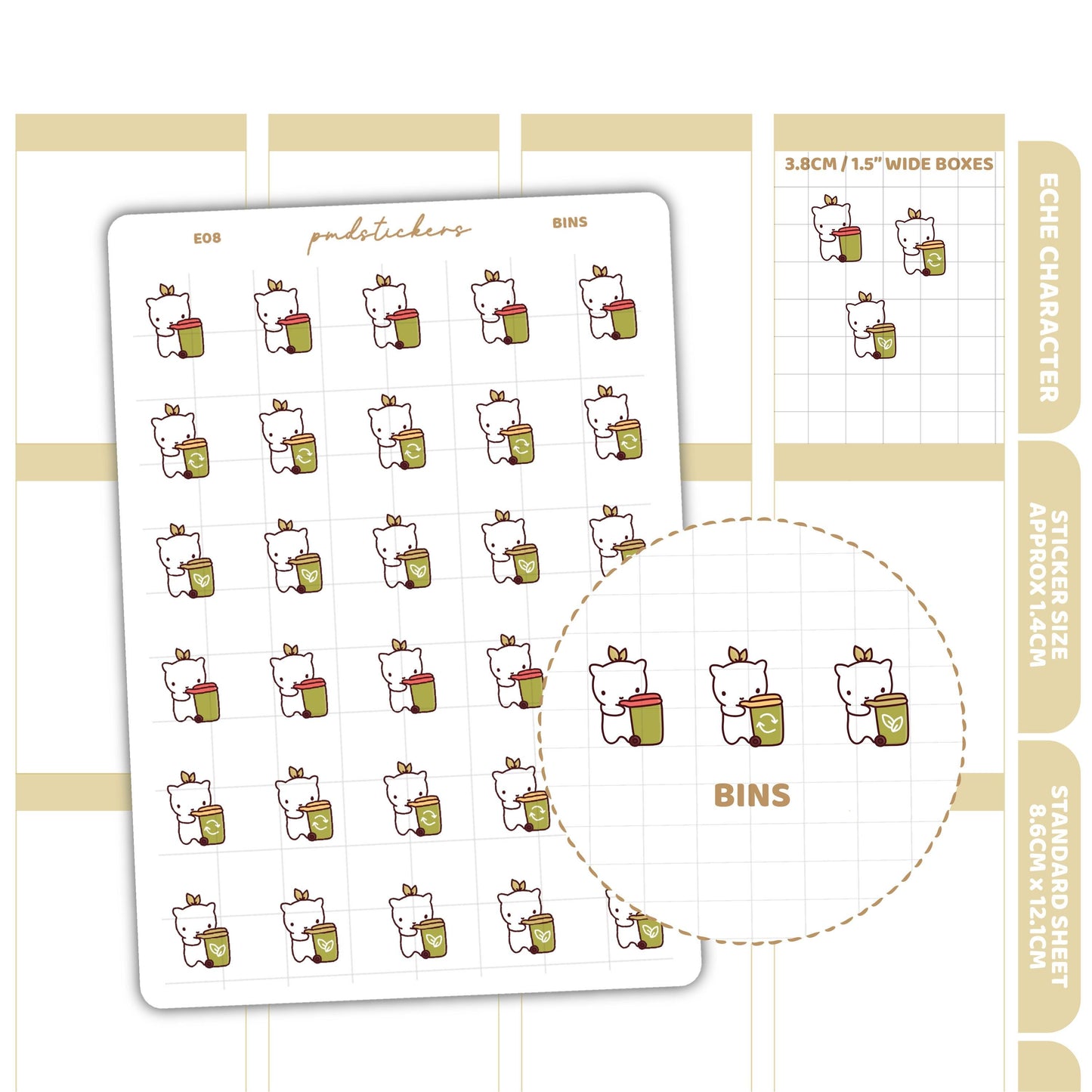 Bin Stickers | Eche Character Stickers | Planner Stickers | E08