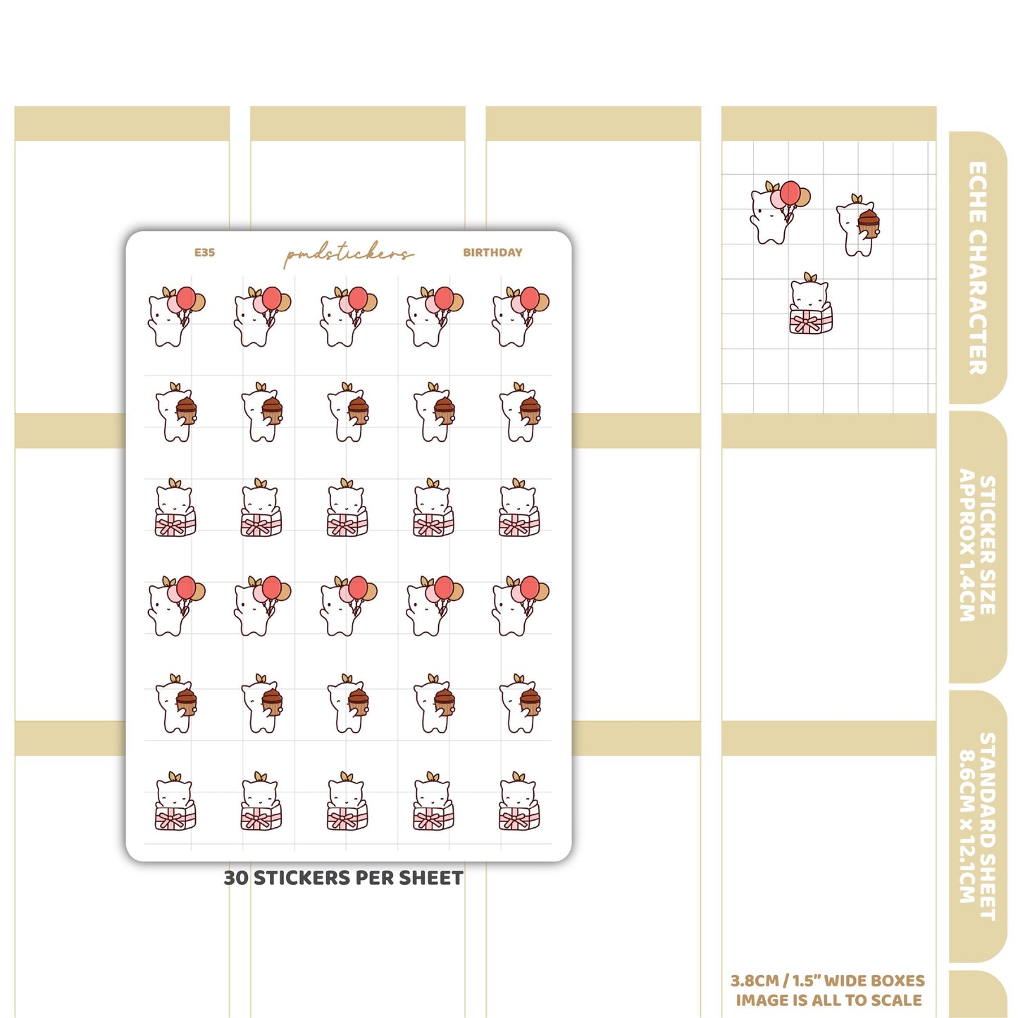 Birthday Stickers | Eche Character Planner Stickers | E35