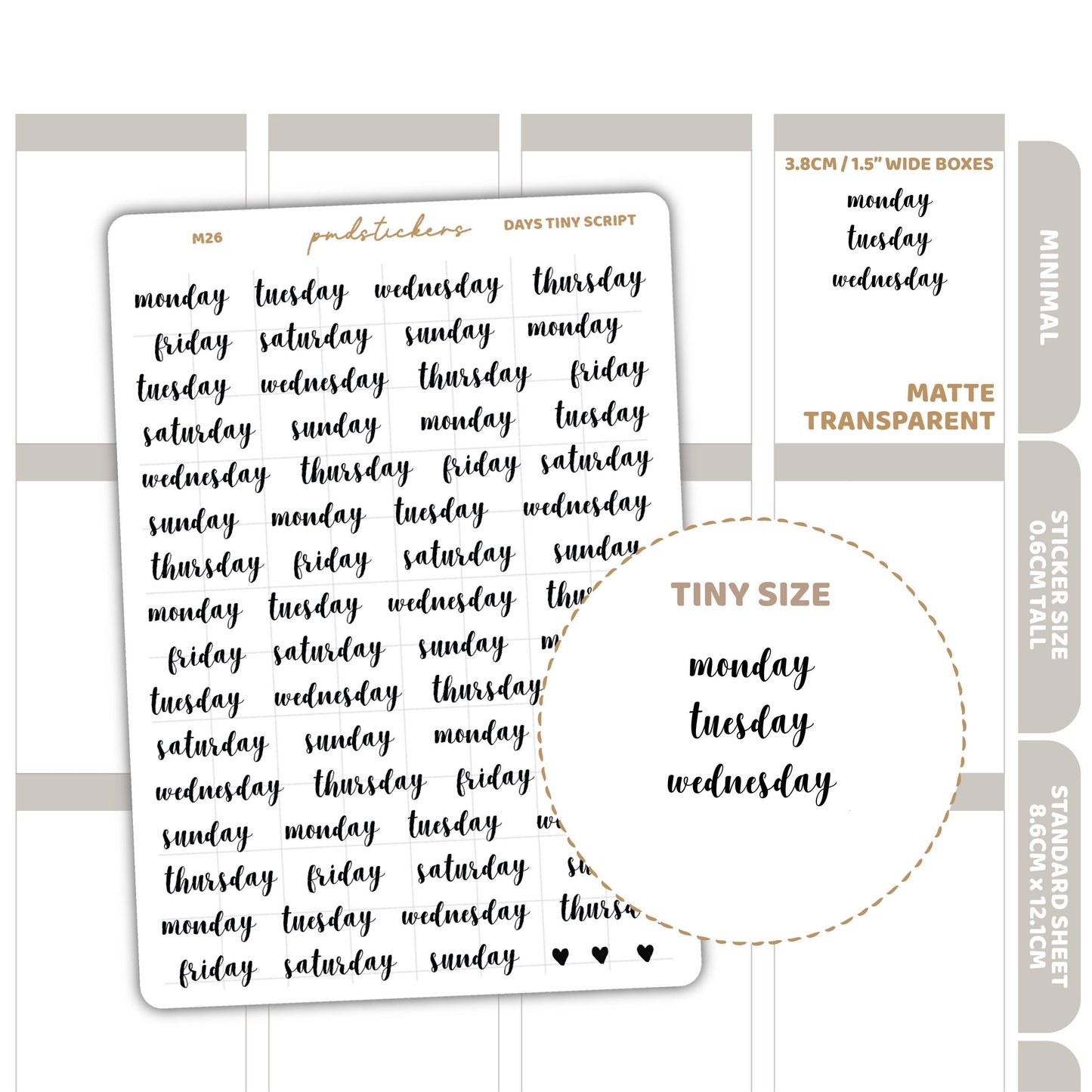 Days Tiny Script Word Stickers | Minimal Planner Stickers | M26