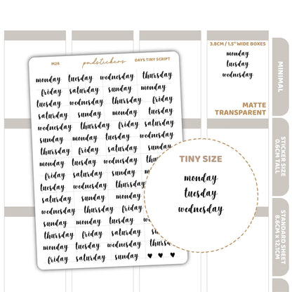 Days Tiny Script Word Stickers | Minimal Planner Stickers | M26
