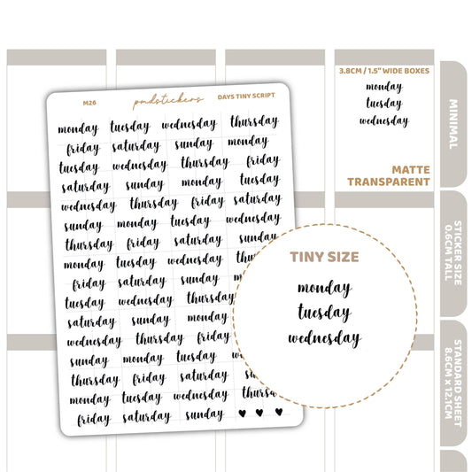 Days Tiny Script Word Stickers | Minimal Planner Stickers | M26
