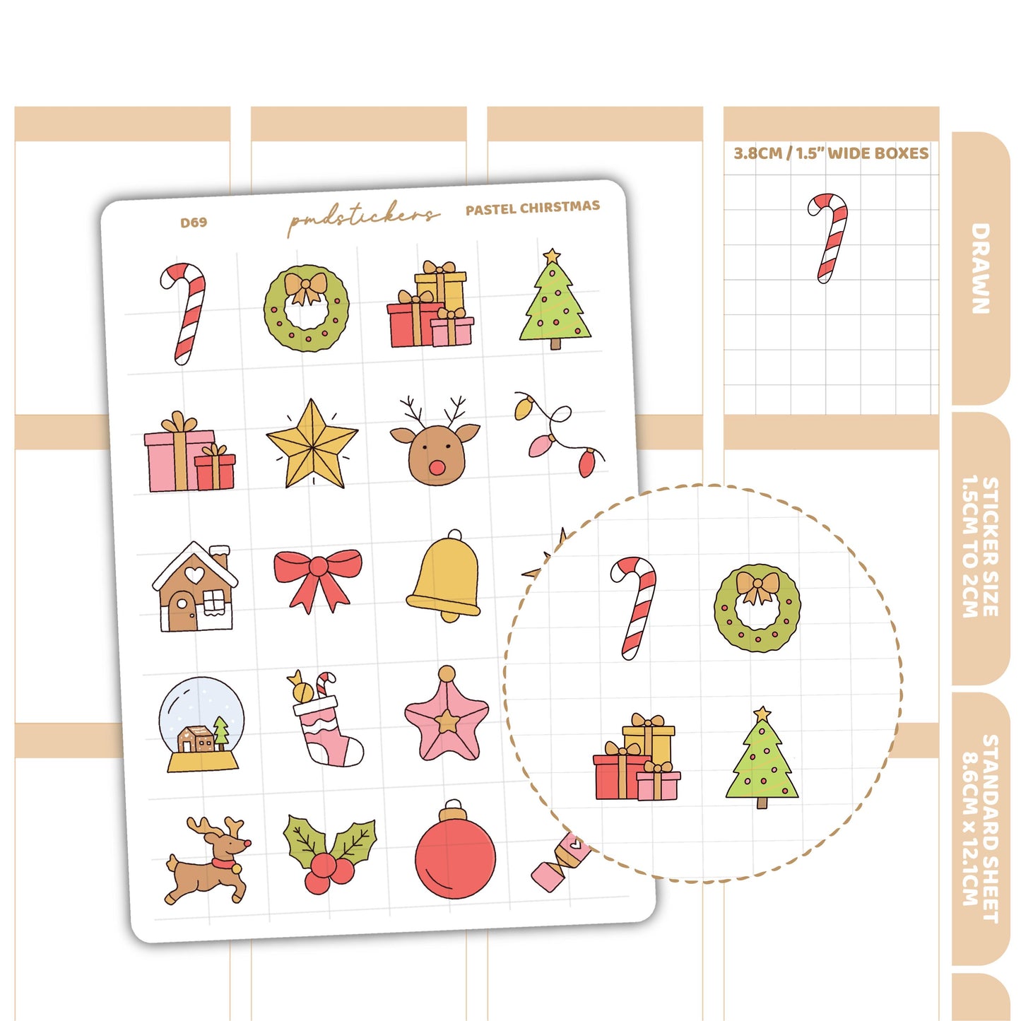 Christmas Pastel Stickers | Drawn Planner Stickers | D69