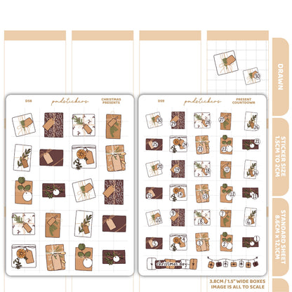 Christmas Presents & Countdown Stickers | Drawn Planner Stickers | D58-59