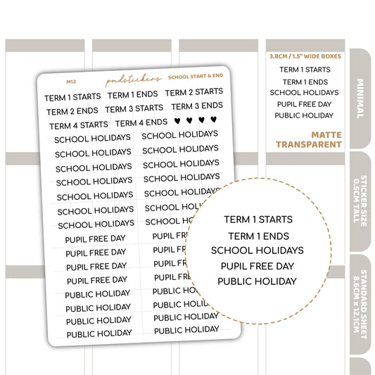 School Start & End Minimal Font Stickers | Minimal Planner Stickers | M12