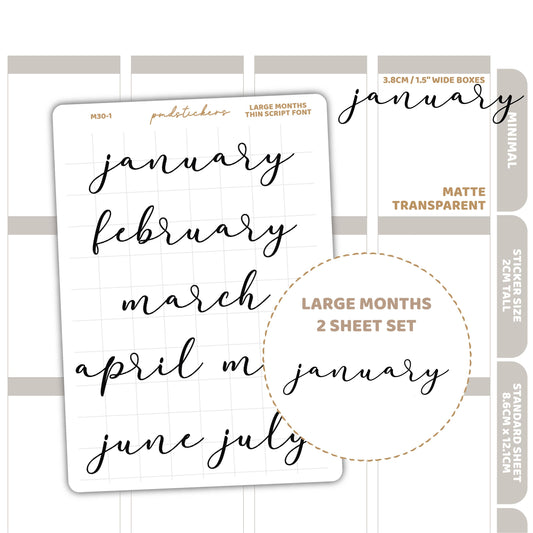 Large Months Thin Script Stickers | Minimalist Planner Stickers | M30(2)