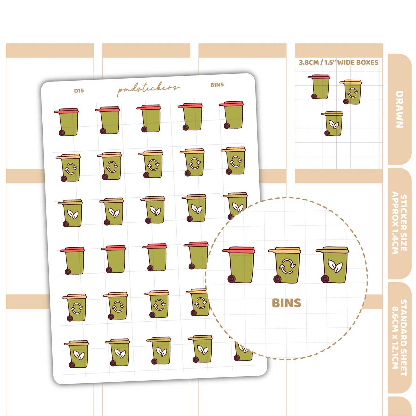Bins Stickers | Drawn Planner Stickers | D15