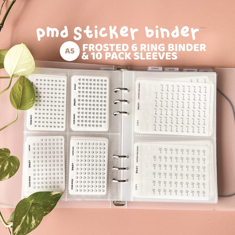 PMD A5 Sticker Binder | 6 Ring A5 Frosted Binder & 10 pack of sleeves | Sticker Storage | SS06