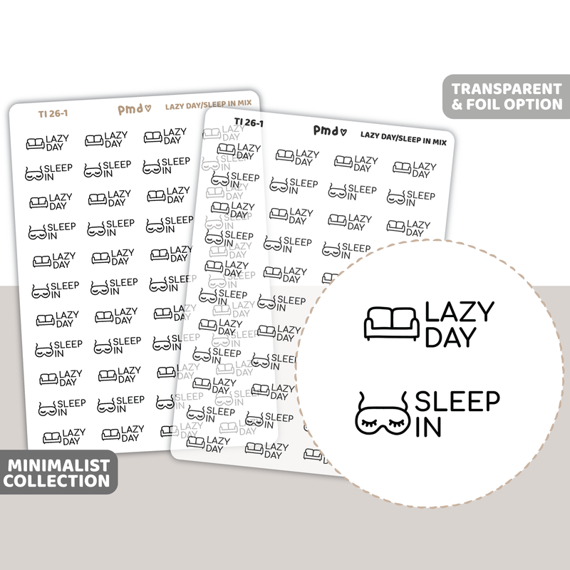 Lazy Day & Sleep In Text/Icon Stickers | Minimalist | TI26