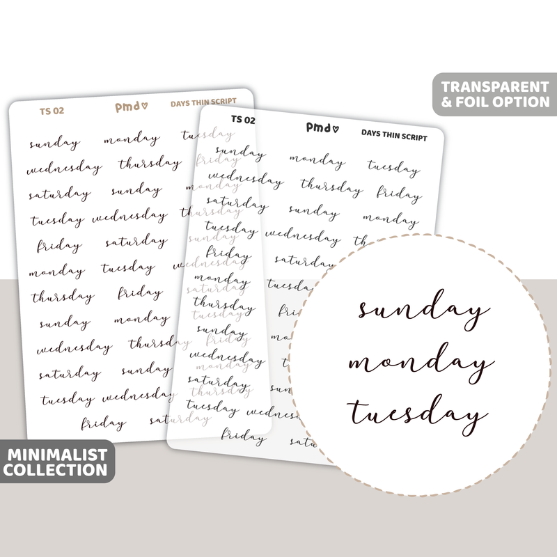 Days Thin Script Word Stickers | Minimalist | TS02
