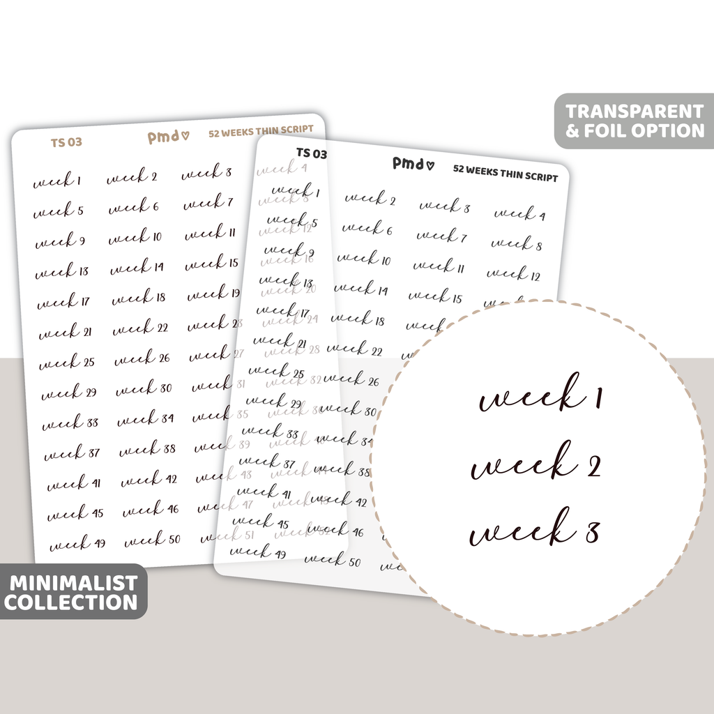 52 Weeks Thin Script Word Stickers