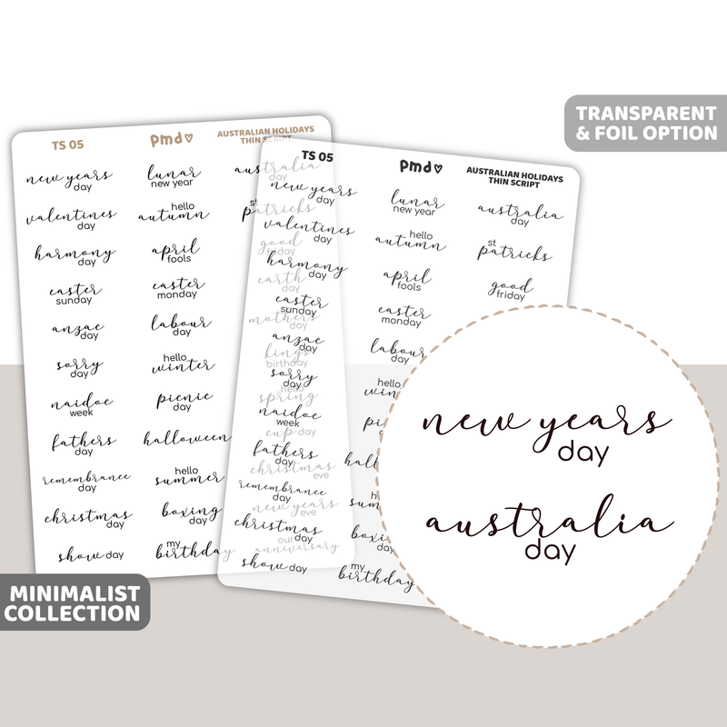 Australian Holidays Thin Script Word Stickers | Minimalist | TS05