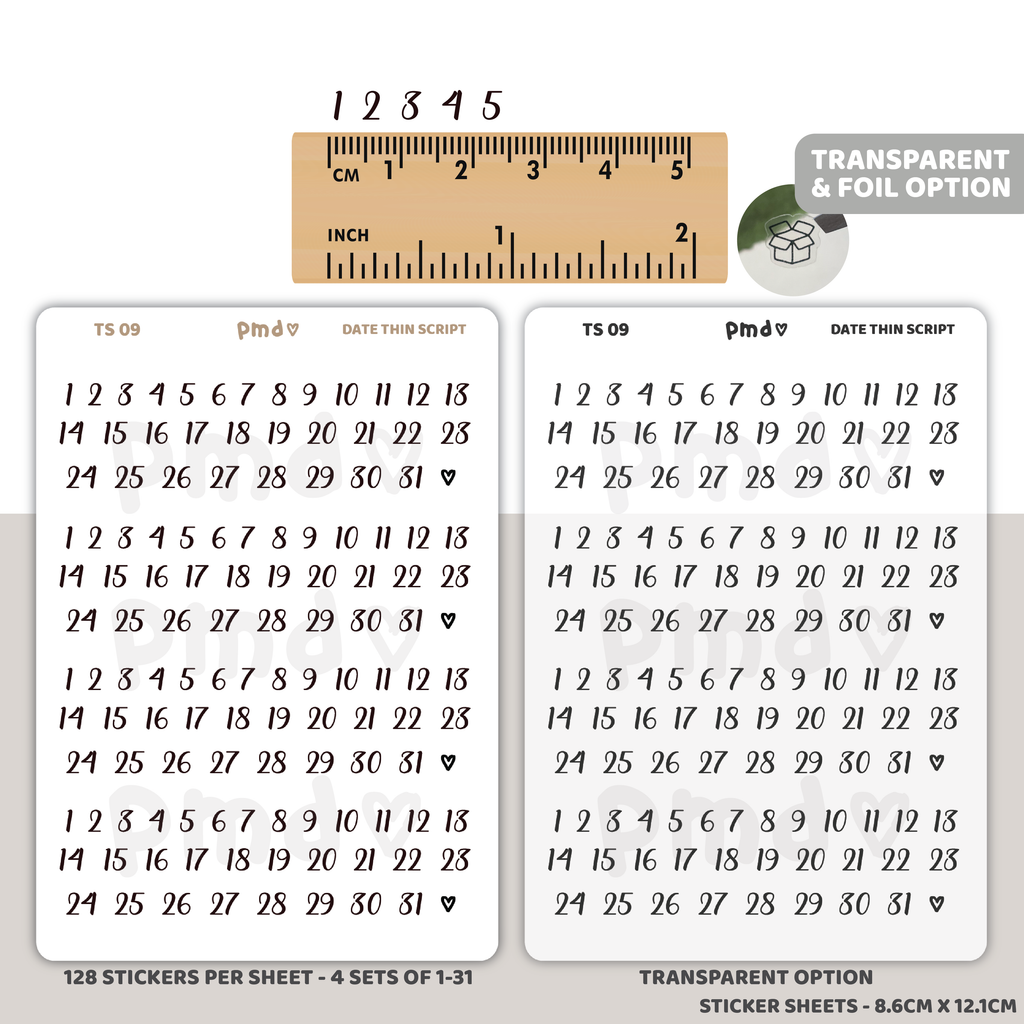 Date (1-31) Thin Script Number Stickers | Minimalist | TS09